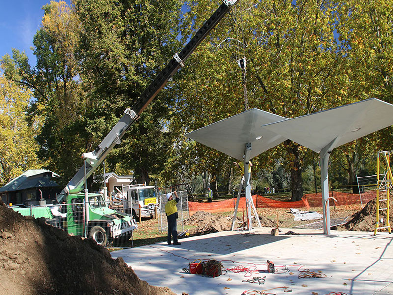 new shade shelters being craned into place