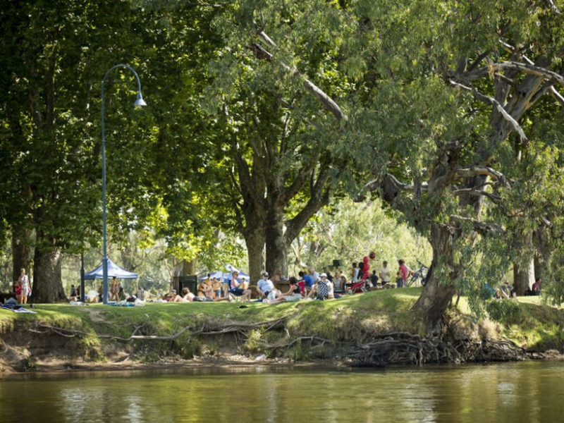 Crowd of people gathering on Murray River bank in Albury