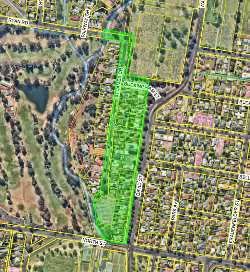 Aerial view of Albury streets with a highlighted section.