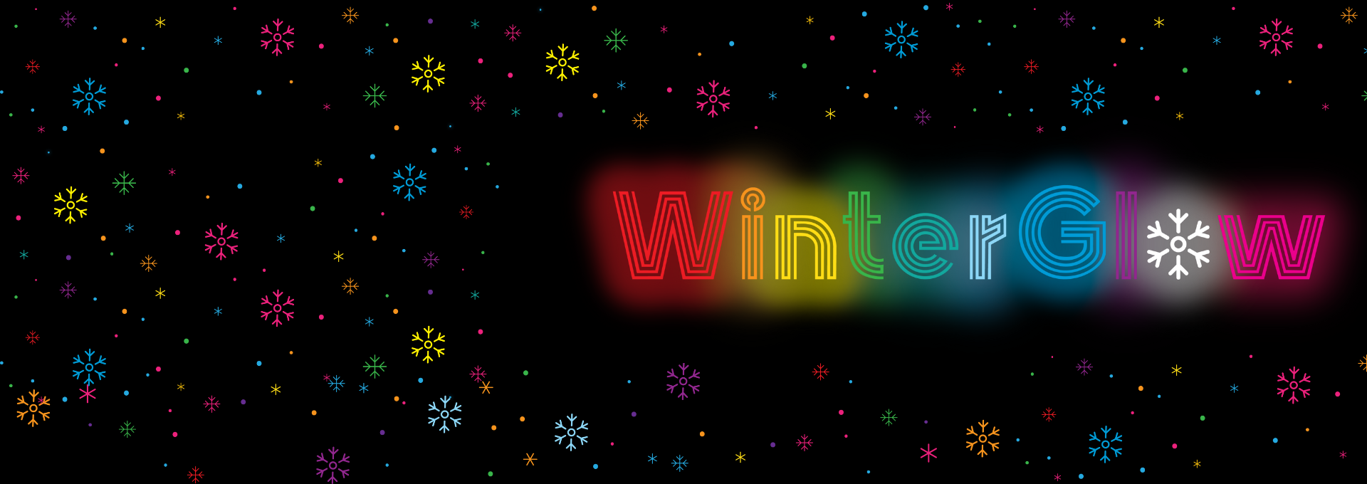 WinterGlow wordmark with neon snowflake background