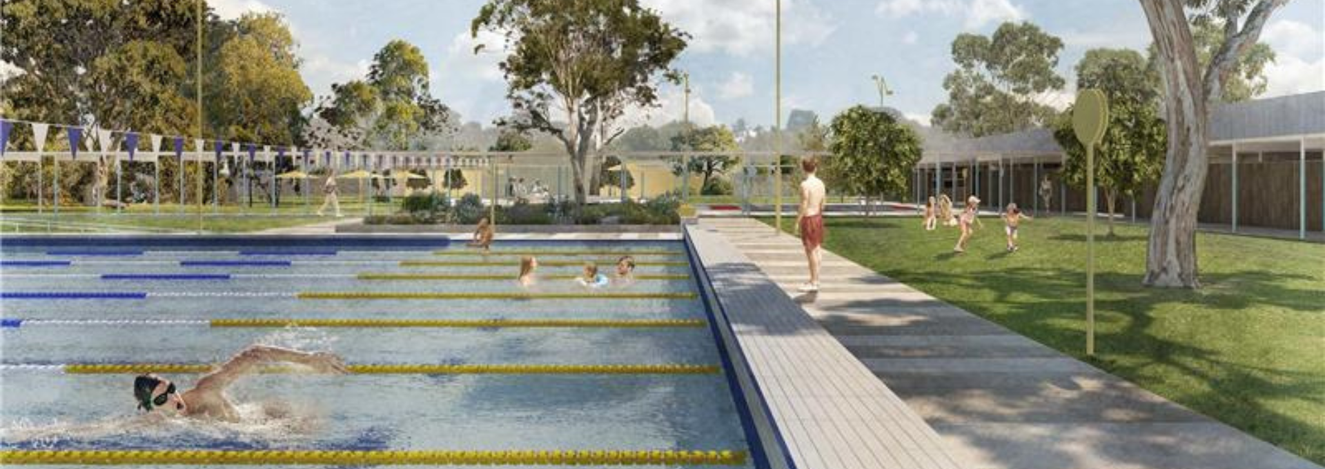 Rendered concept design of the Lavington Swim Centre with people in it