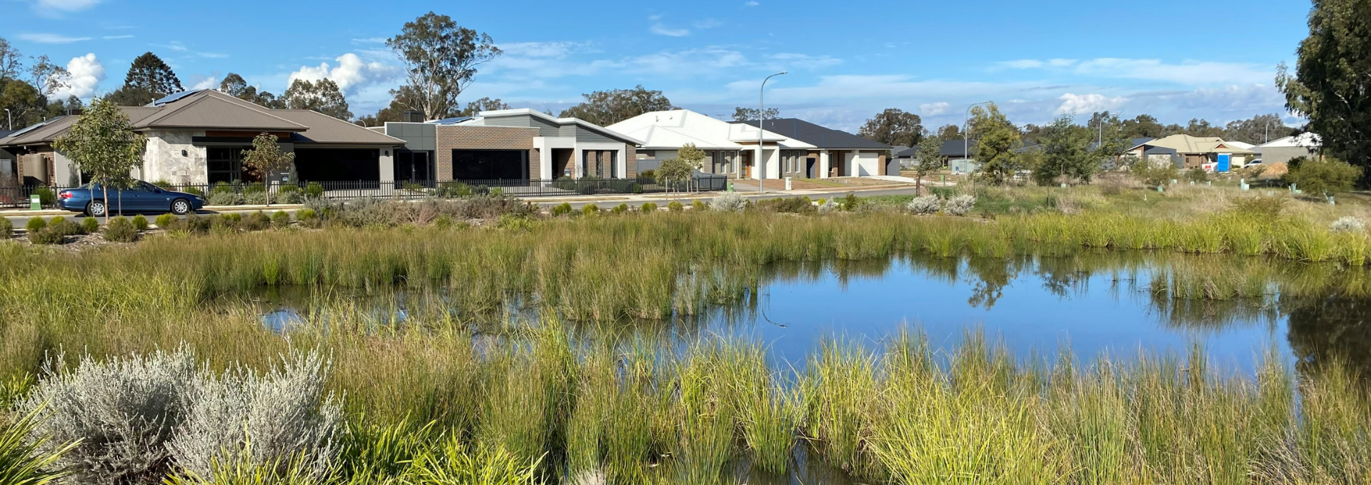 Housing estate in Thurgoona with pond in the foreground and houses in the background